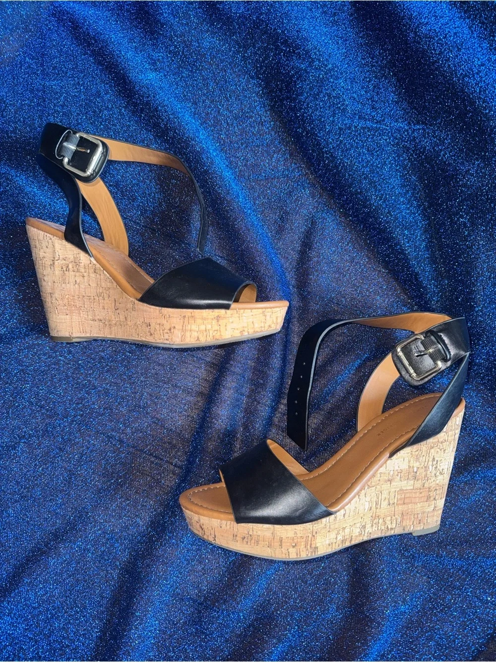 Tommy Hilfiger Black Cork Wedge Sandals with Buckle Strap size 9
